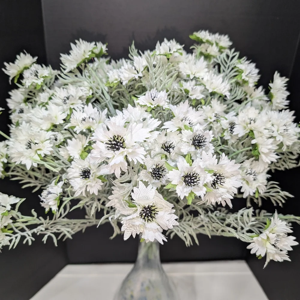 White Black Cornflower Bush Spray Faux Floral Design Artificial Flowers